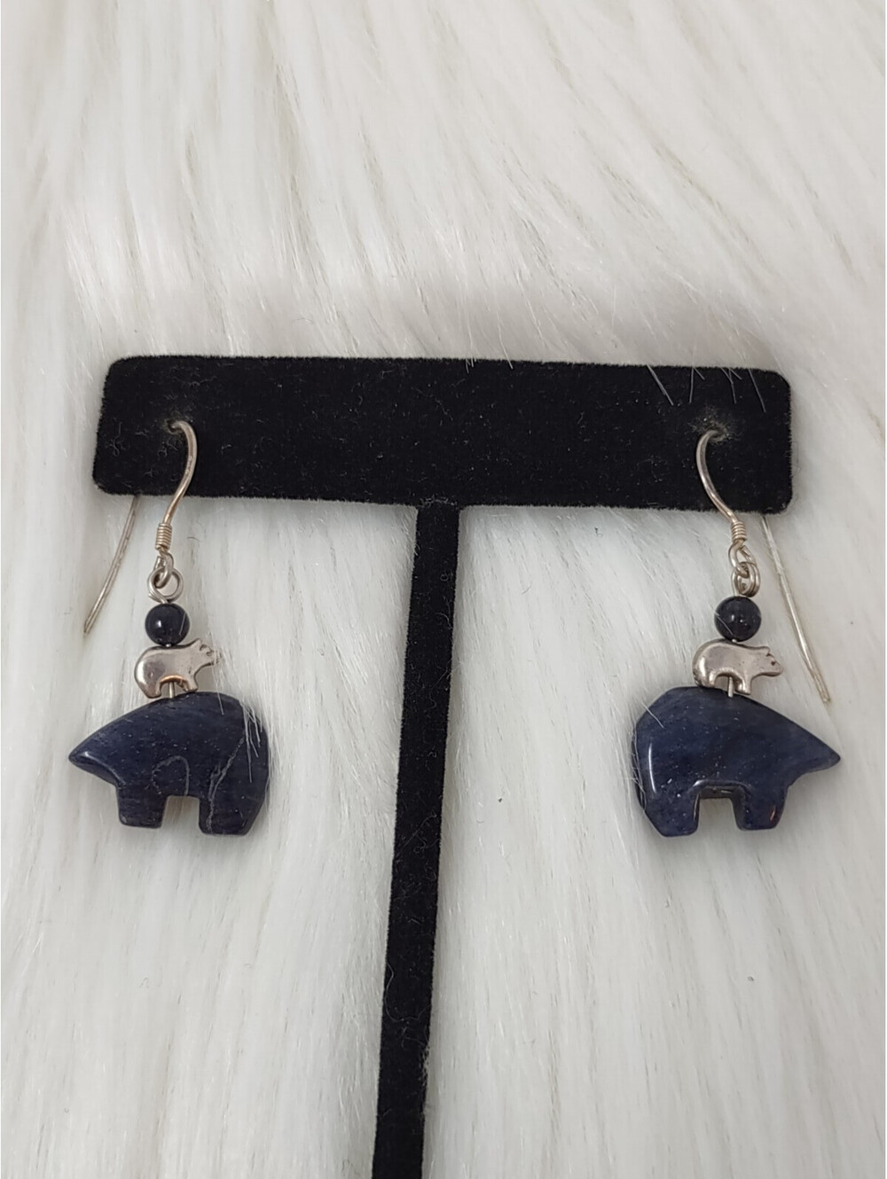 Sterling Silver 925 Dumortierite Bear Dangle Earrings 5g